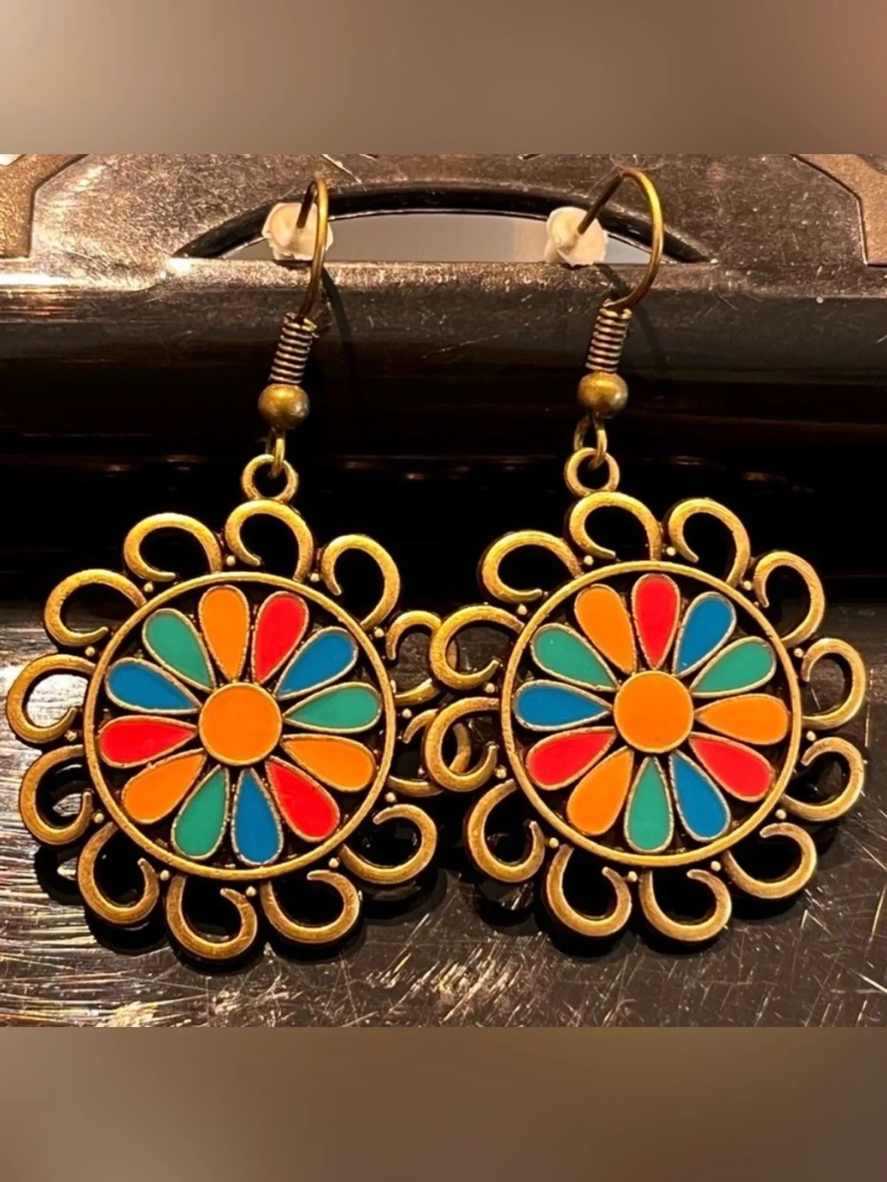 Multicolor Enamel Flower Dangle Earrings Boho Rainbow Floral